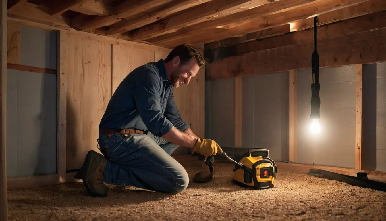 A friendly homeowner checking a wooden crawl space beam for termites in the Marysville area